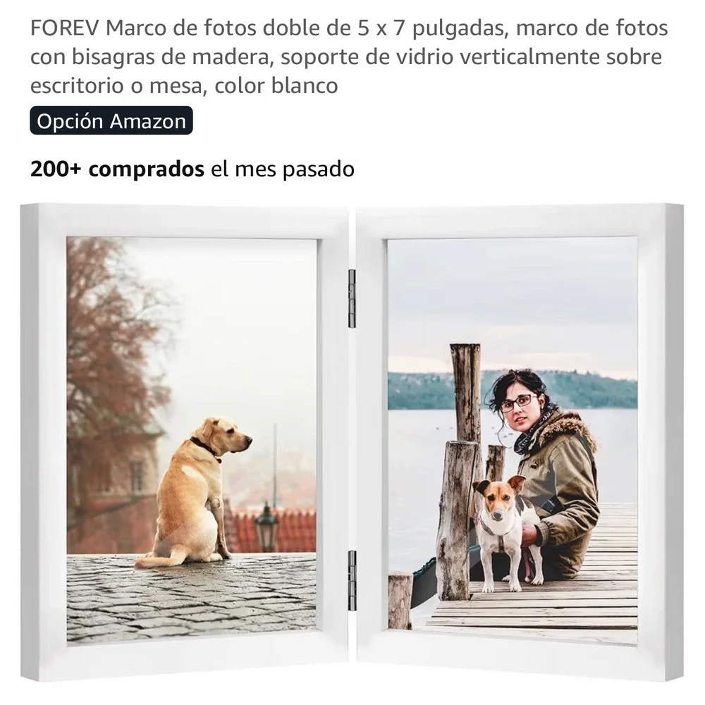 FOREV 5x7 Double Picture Frame White Wood Hinged Folding Vertical Tabletop Frame